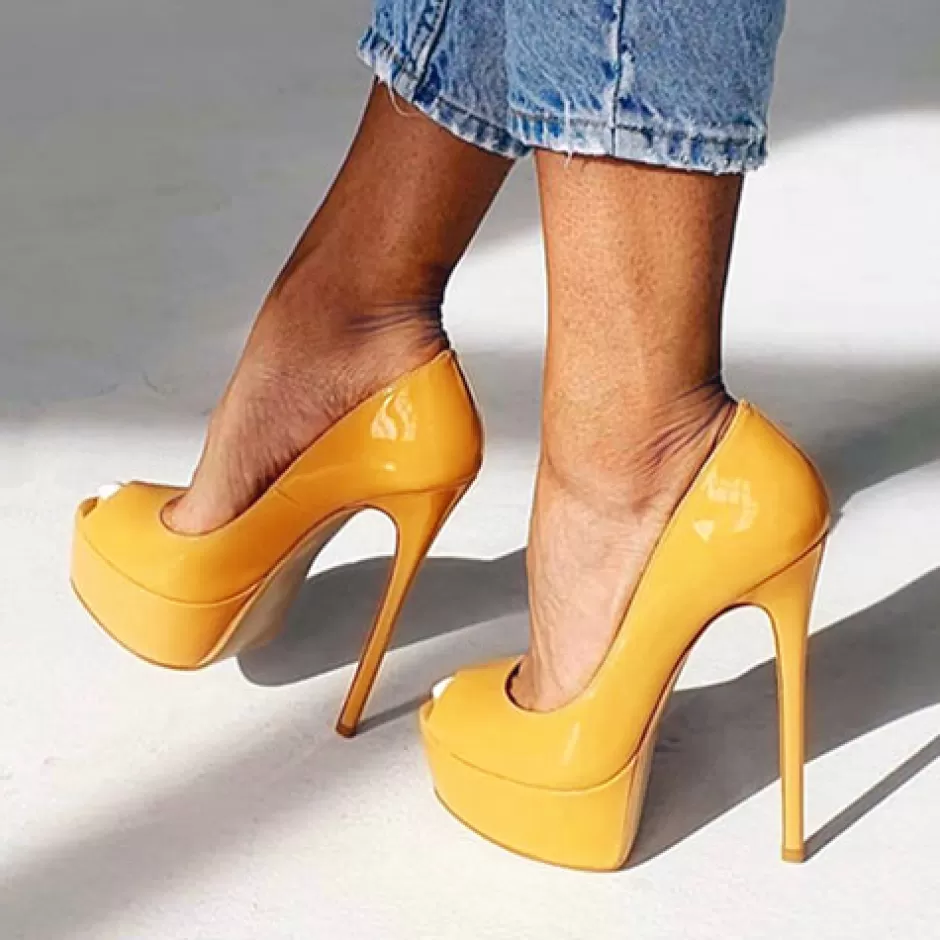 Donna SHARLENE CALZATURE Decollete-Mustard Patent Leather Open-Toe Pump - Cod. 14638
