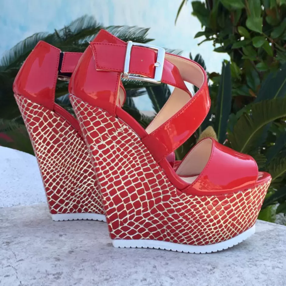 Donna SHARLENE CALZATURE Zeppe-Red Patent Leather/ Cocco Sandal - Code 12080