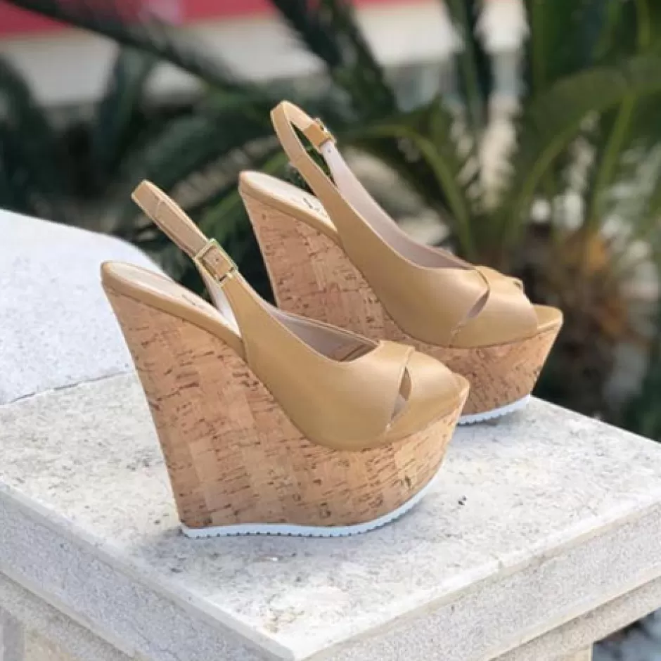 Donna SHARLENE CALZATURE Decollete-Zeppa Decollete Leather Biscuit/Cork - Cod. 12988
